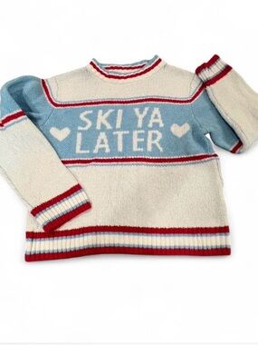 Old Navy Cream, Light Blue & Red 'Ski Ya Later' Crewneck Sweater